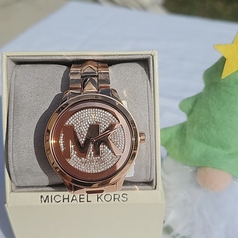 MICHAEL KORS ROSE GOLD RUNWAY MERCER RHINESTONE BEZEL 44mm QUARTZ WATCH
